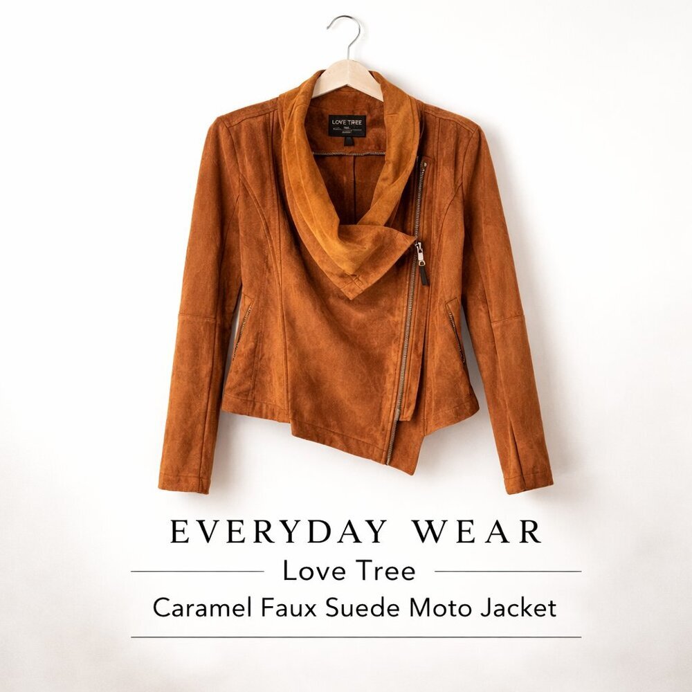 Love Tree Caramel Faux Suede Moto Jacket Asym Zip Brown Biker S